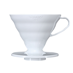 White V60 02 plastic dripper with handle and pedestal base, front view isolated.