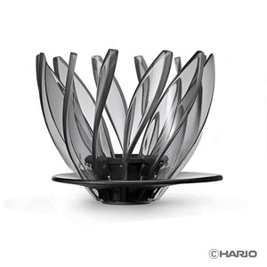 V60 Suiren dripper viewed from above showing transparent black plastic petals and spiral rib interior design on white