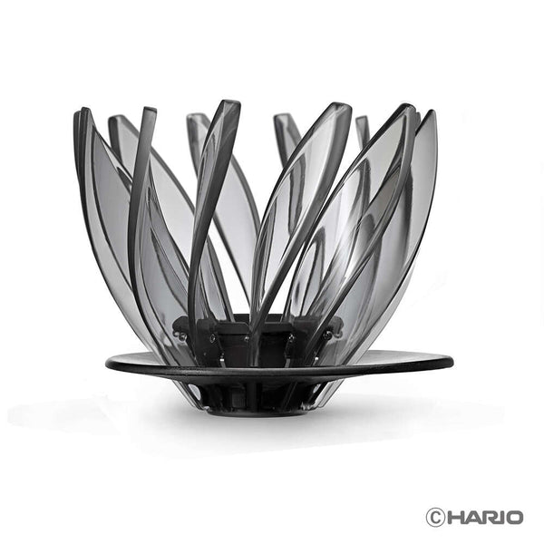 V60 Suiren dripper viewed from above showing transparent black plastic petals and spiral rib interior design on white