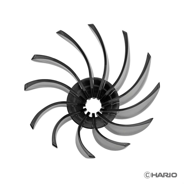 Close-up overhead view of V60 Suiren dripper's spiral ribbed cone structure radiating from center hole on white background