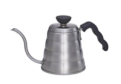 Stainless steel gooseneck kettle with layered band design and black silicone handle on white background.