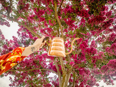 Person holding copper V60 Buono drip kettle beneath blooming magenta bougainvillea tree