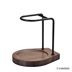 Walnut wood base platform with black metal stand frame, designed to hold brewing equipment.
