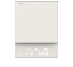 White Polaris coffee scale front display showing time, temperature, and weight controls