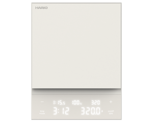 White Polaris coffee scale front display showing time, temperature, and weight controls