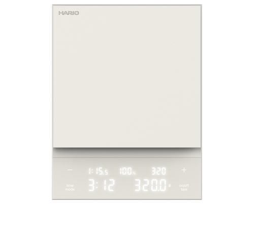 White Polaris coffee scale front display showing time, temperature, and weight controls