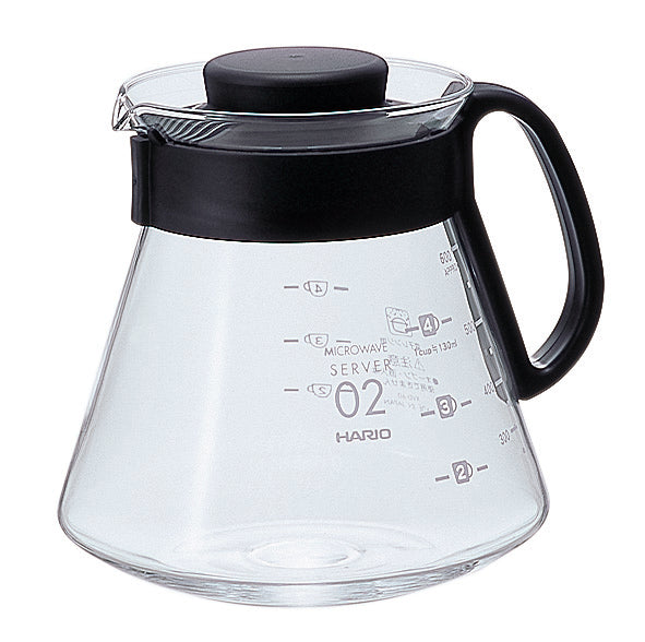 Hario V60 microwave server with coffee dripper pouring hot water into glass carafe filled with ground coffee