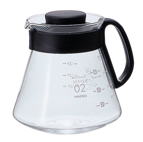 Empty Hario V60 microwave server model 02 with measurement markings and black lid on white background