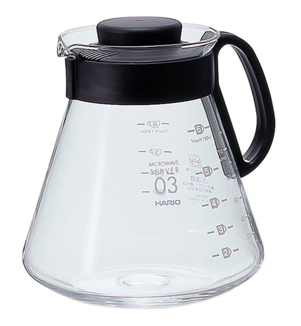 Hario V60 microwave server model 03 with measurement scale and black lid displayed from front angle