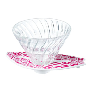 V60 dripper on magenta surfboard base with swirl pattern and large text design.