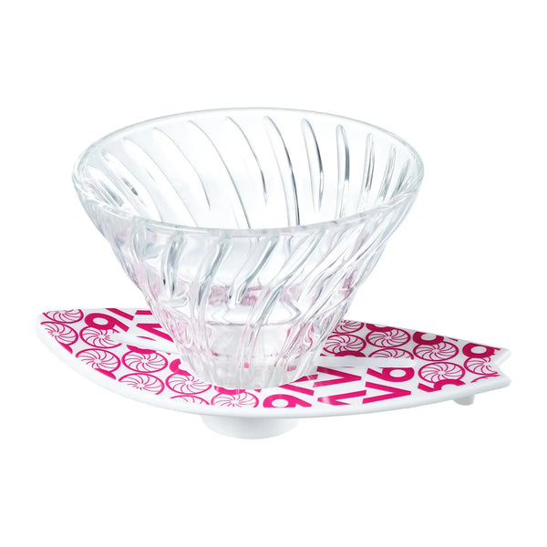 V60 dripper on magenta surfboard base with swirl pattern and large text design.
