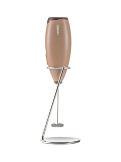 Beige Hario electric milk frother with whisk attachment and stand displayed against white background