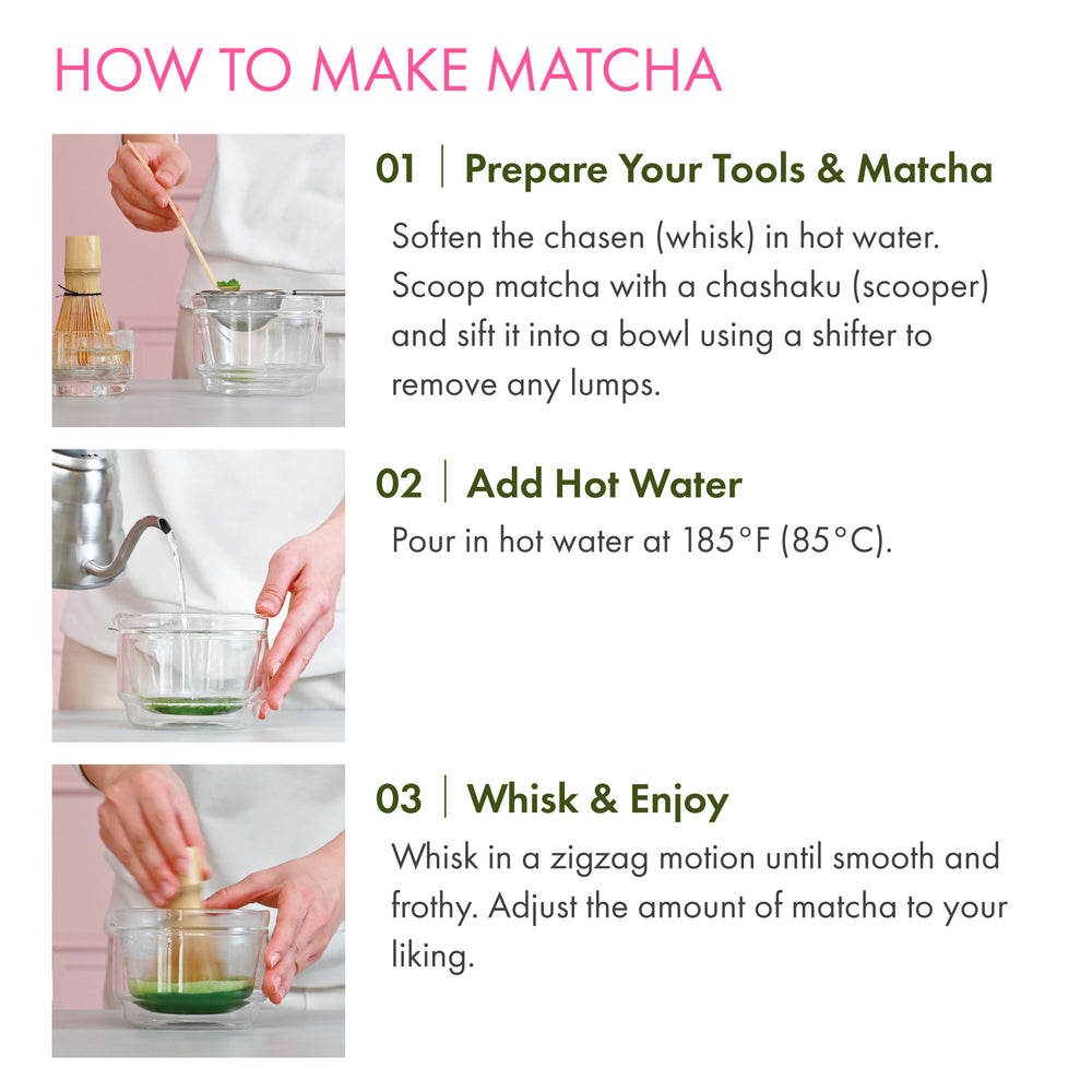 Matcha Tea Gift Set unboxed showing green glass bowl, bamboo whisk, metal sieve, and glass accessories in white packaging